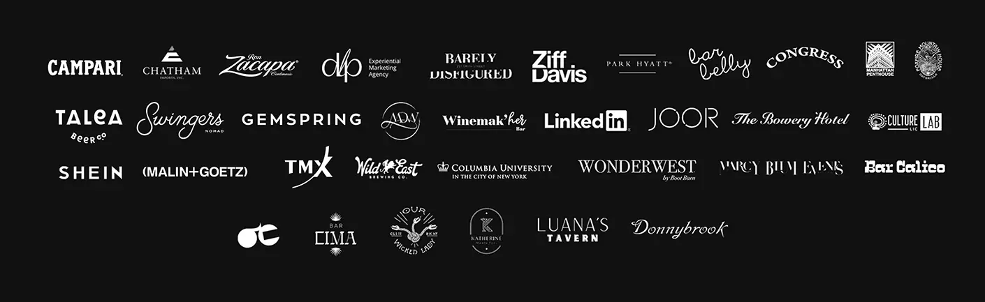 Logo grid of DJ Del clients including LinkedIn, Campari, Park Hyatt, and Columbia University